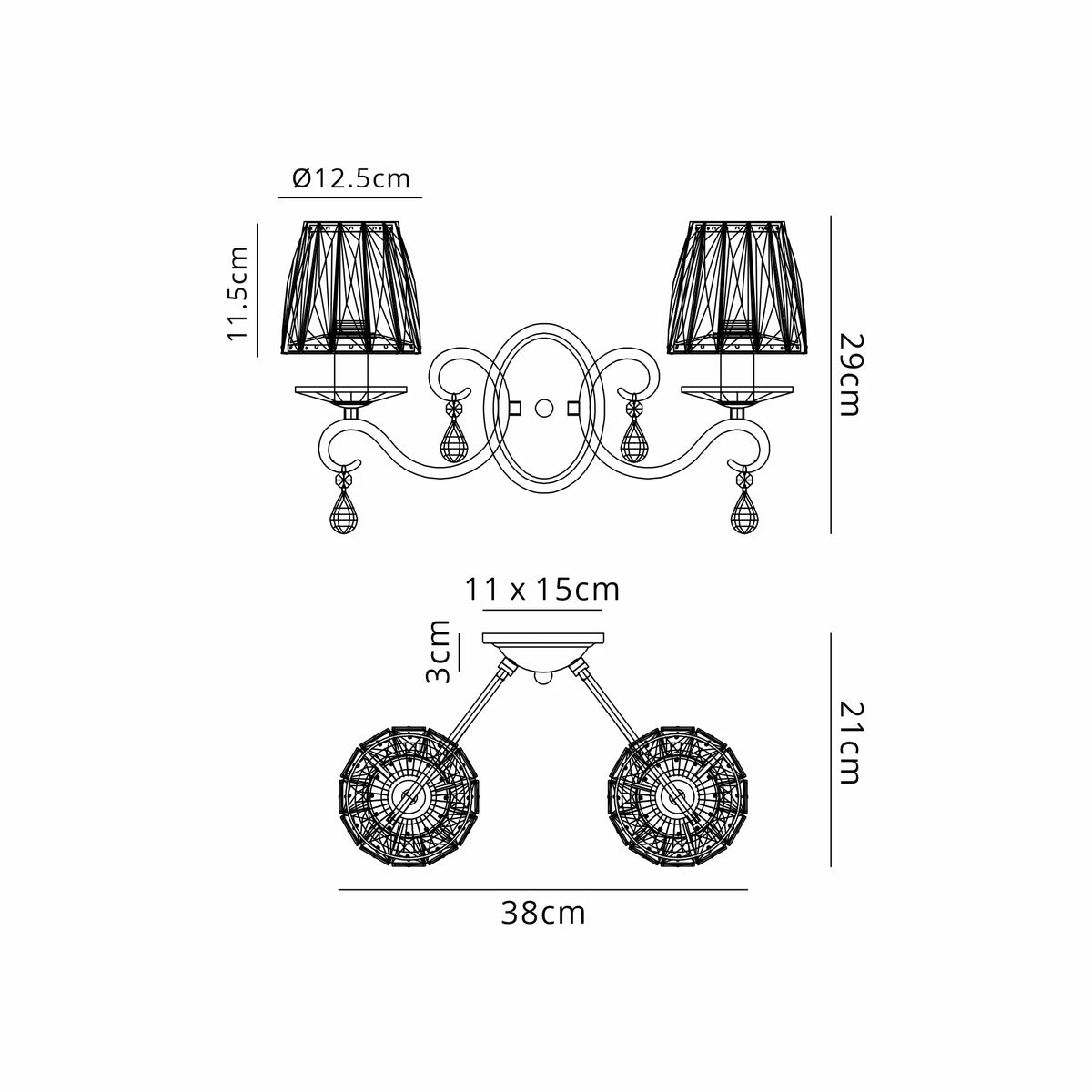 Gracey Wall Light- Various Colours with Crystal Shades