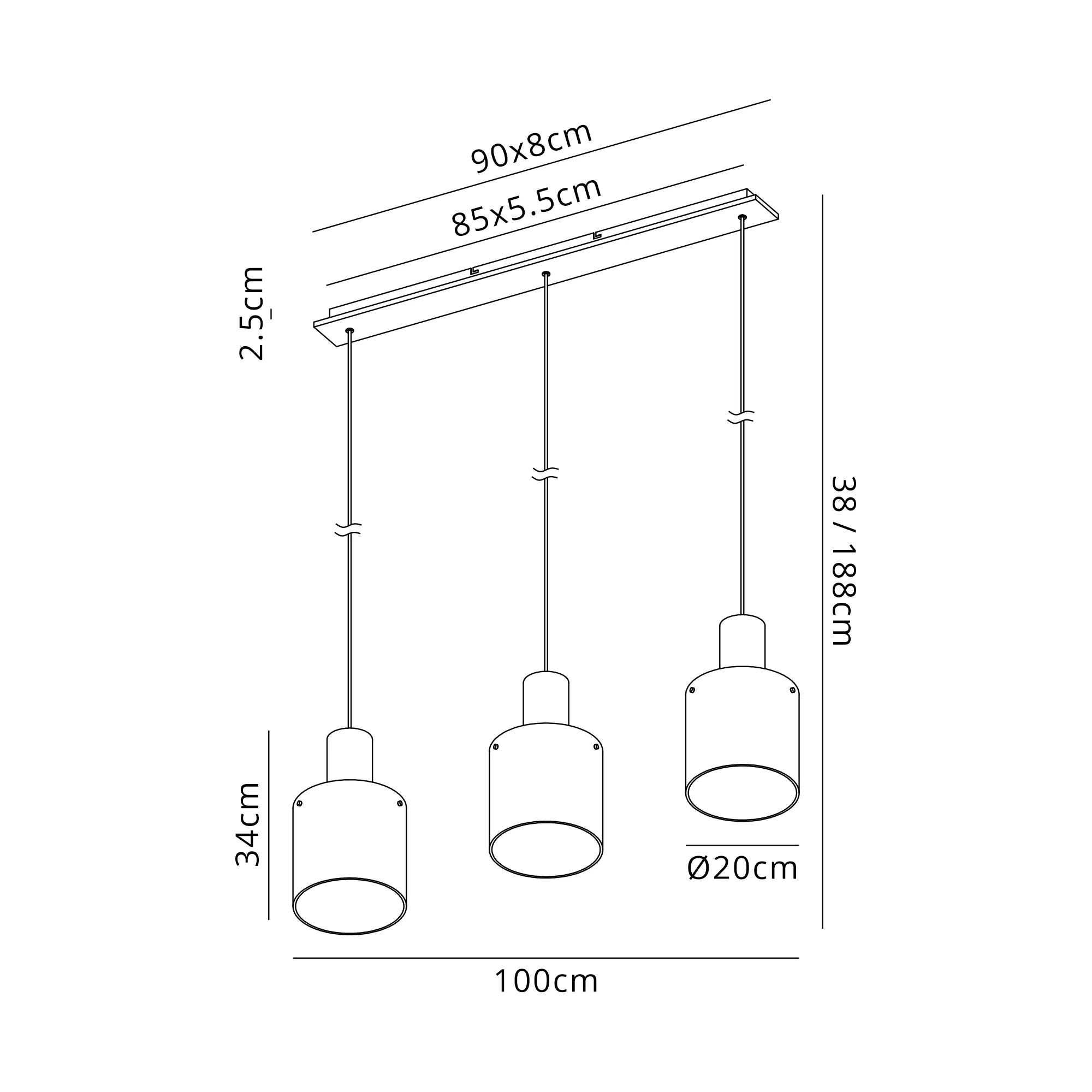 Hailey Linear Pendant, 3 Light Adjustable E27, - Various Finishes