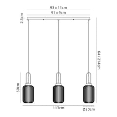 Cadiz 3Lt  Ribbed Linear Island Pendant - Various Colours