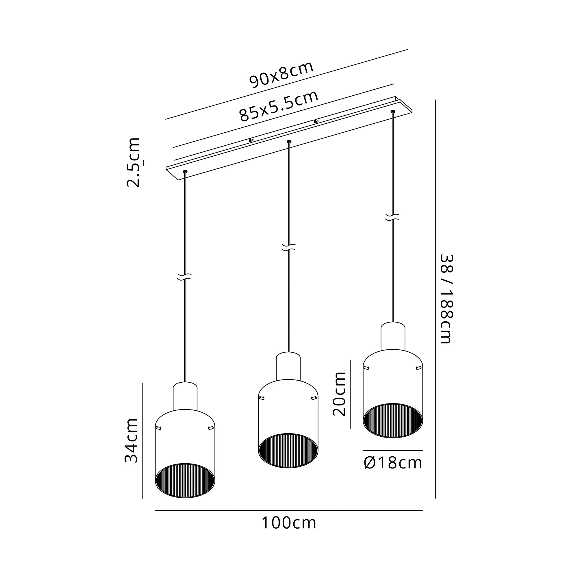 Hailey Linear Pendant, 3 Light Adjustable E27, - Various Finishes