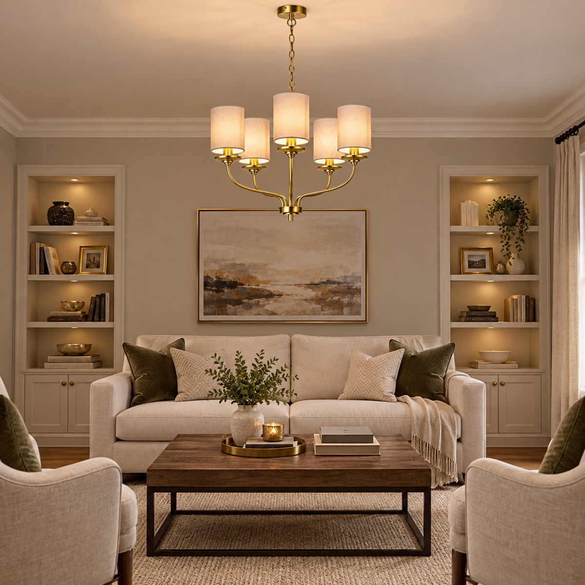 Evora 5Lt Chandelier C/W Shades- Matt Brass/ Antique Brass