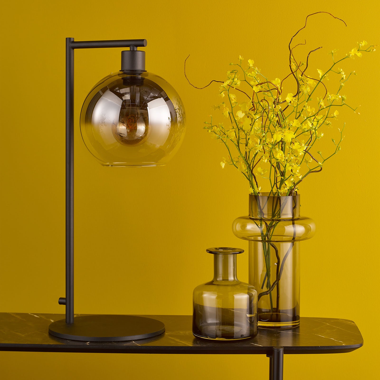 Lycia Table Lamp Matt Black And Smoked Ombre Glass/Satin Gold And Gold Ombre Glass E27