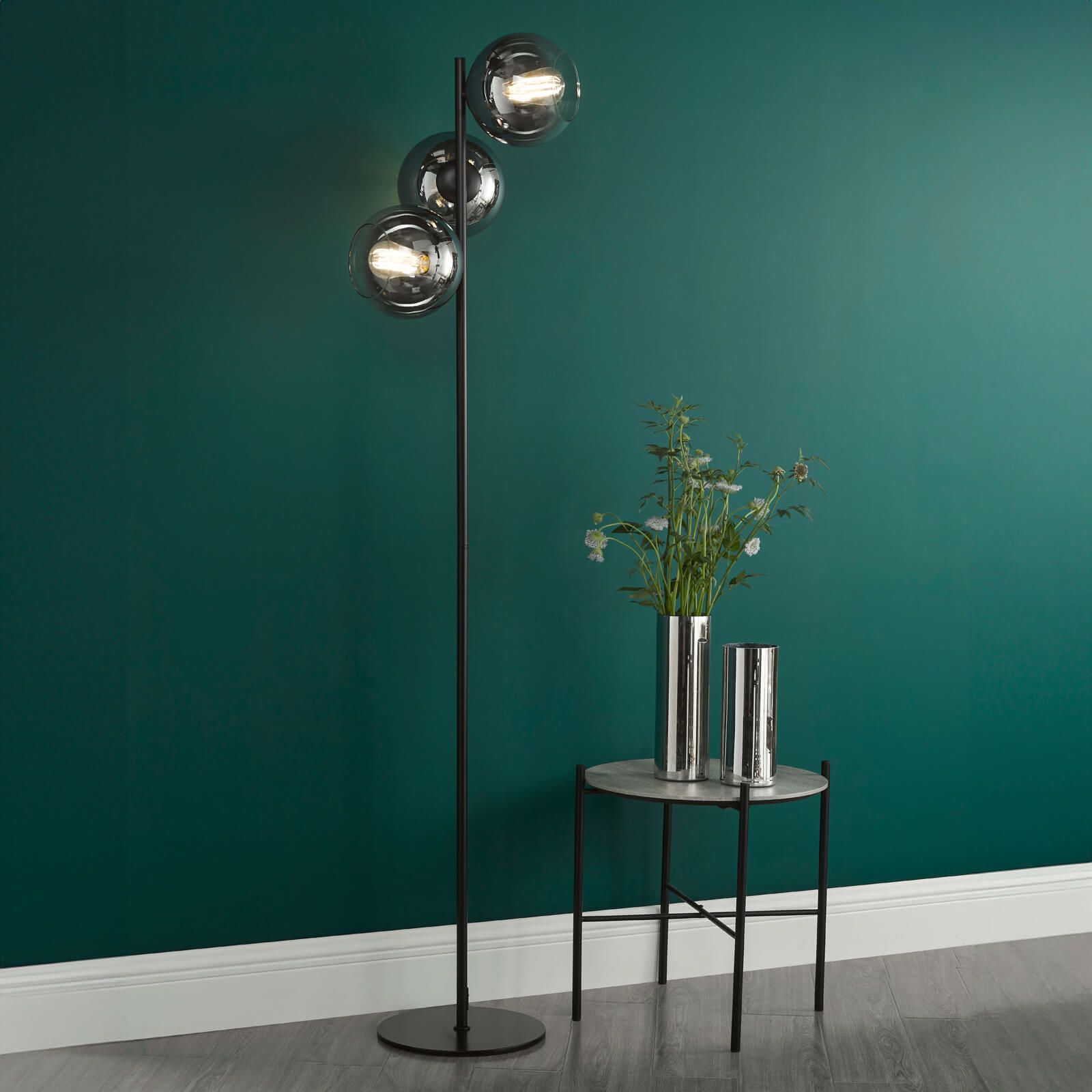 Lycia 3 Light Floor Lamp Matt Black and Smoked Ombre Glass/Satin Gold and Gold Ombre Glass  E27