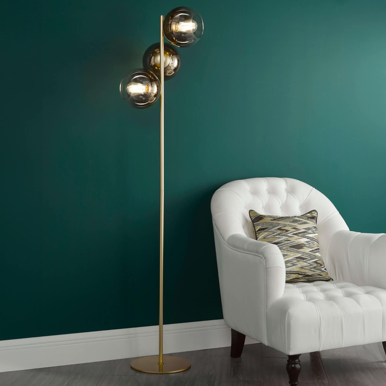 Lycia 3 Light Floor Lamp Matt Black and Smoked Ombre Glass/Satin Gold and Gold Ombre Glass  E27