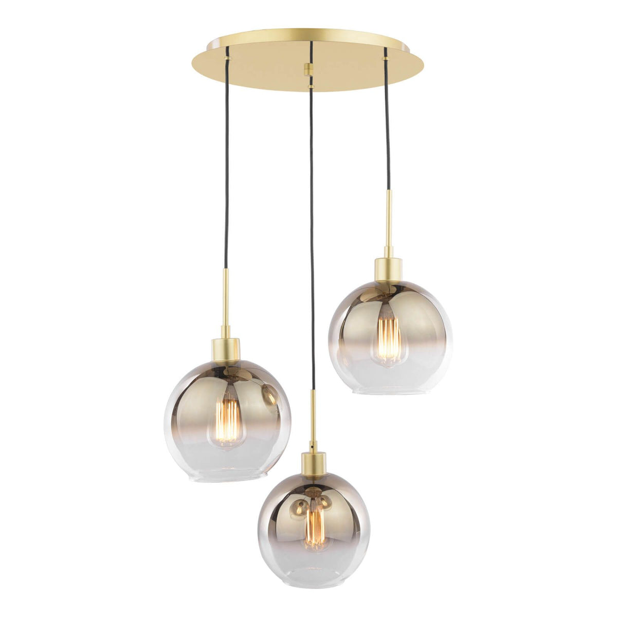 Lycia 3 Light Cluster Pendant Matt Black Smoked Ombre Glass & Polished Gold and Gold Ombre Glass
