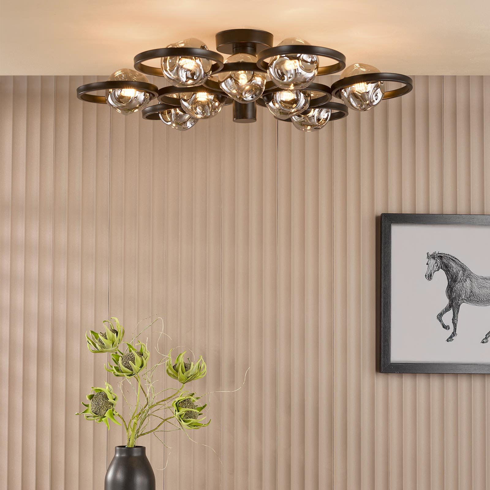 Lynette 9 Light Semi-Flush- Satin Black With Closed Organic Smoked Glass