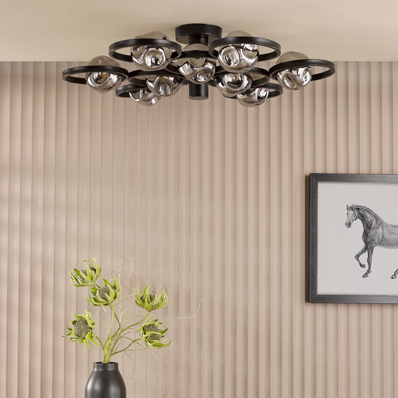Lynette 9 Light Semi-Flush- Satin Black With Closed Organic Smoked Glass