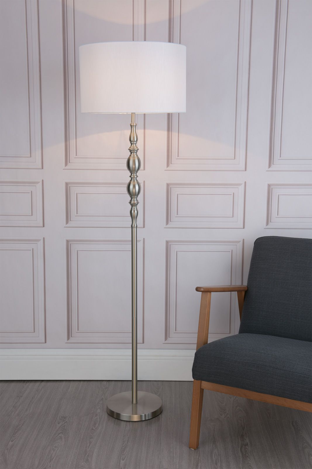 Madrid Floor Lamp Antique Brass/Satin Chrome With Shade E27