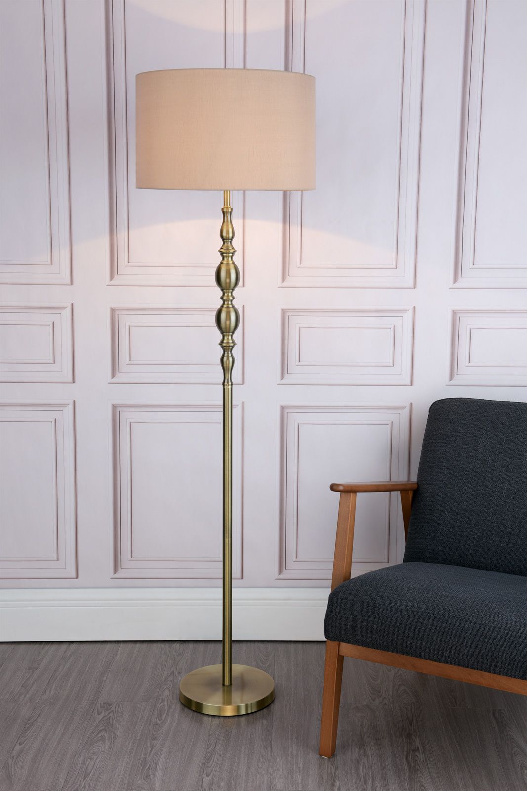 Madrid Floor Lamp Antique Brass/Satin Chrome With Shade E27
