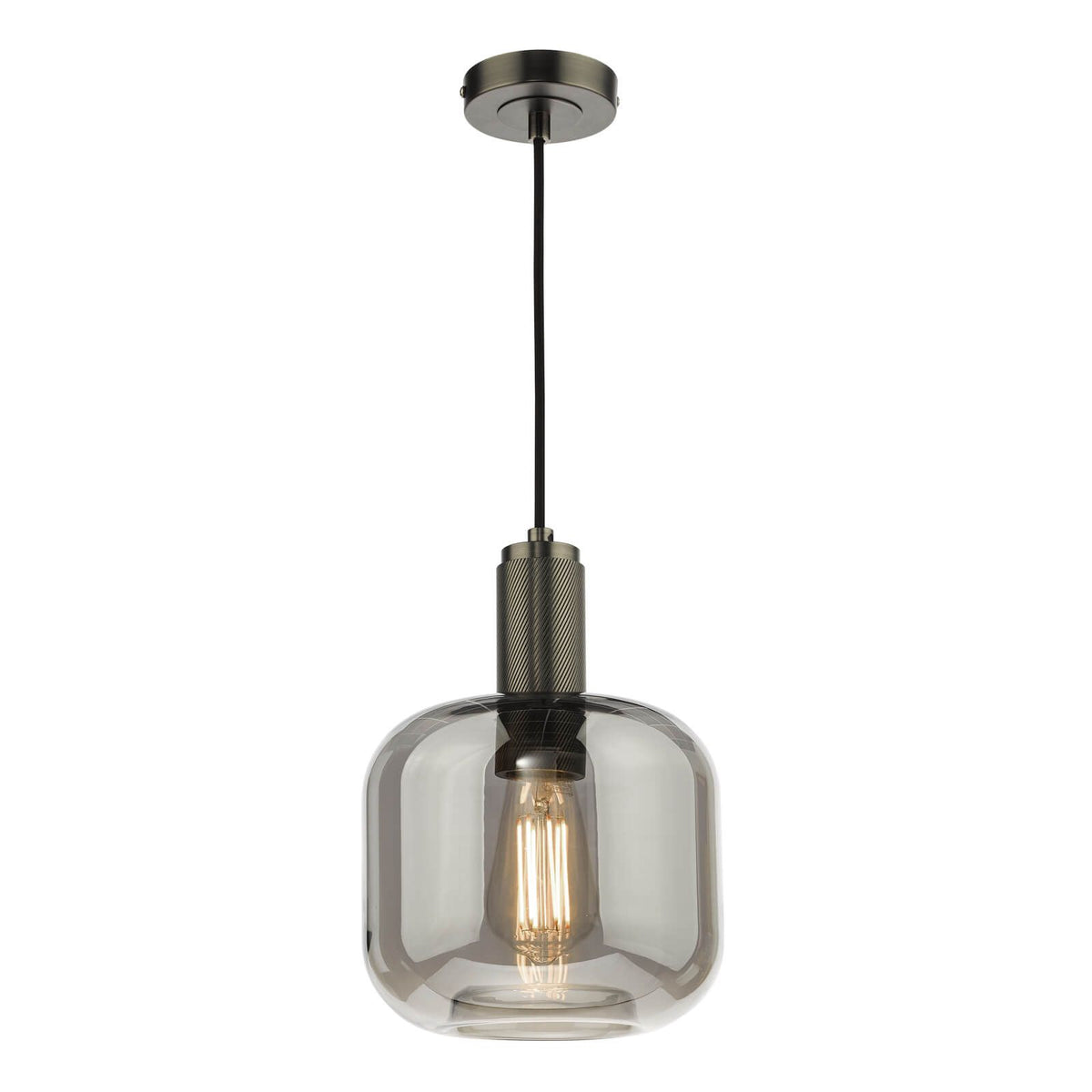 Nikolas Pendant Polished Nickel/Brass/Antique Chrome -Finish Ribbed Cylinder/Smoked/Ribbed Round -Glass