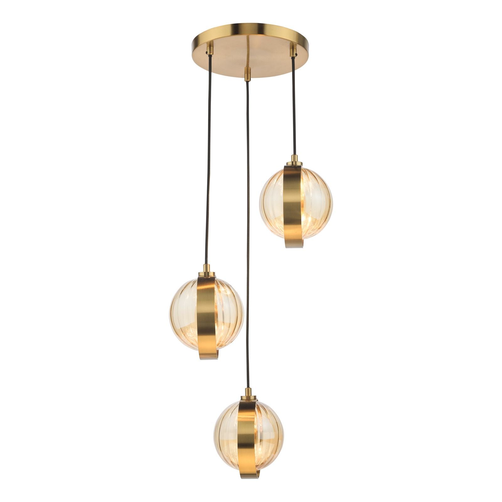 Ophira 3 Light Cluster Pendant- Antique Gold and Amber Ribbed Glass