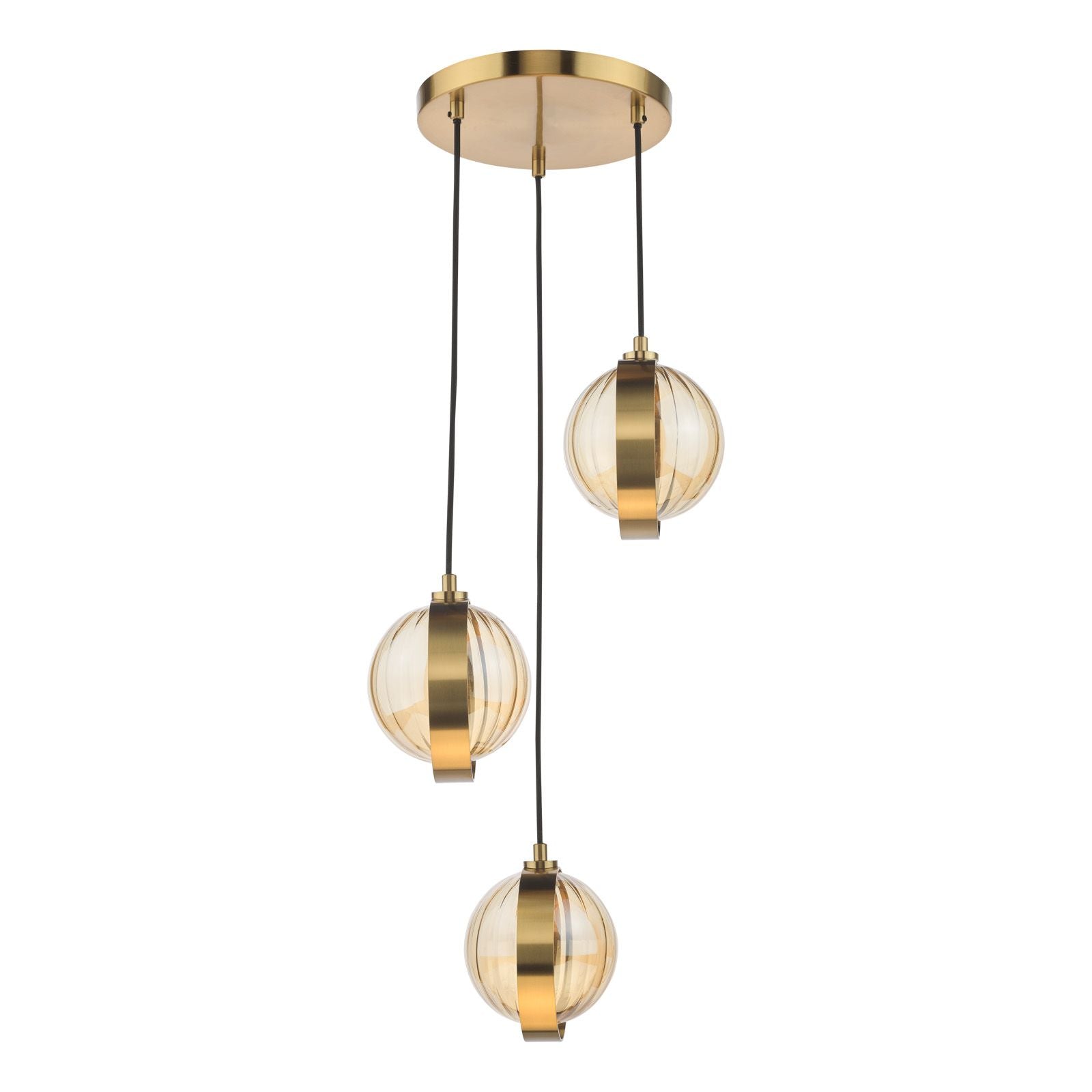 Ophira 3 Light Cluster Pendant- Antique Gold and Amber Ribbed Glass