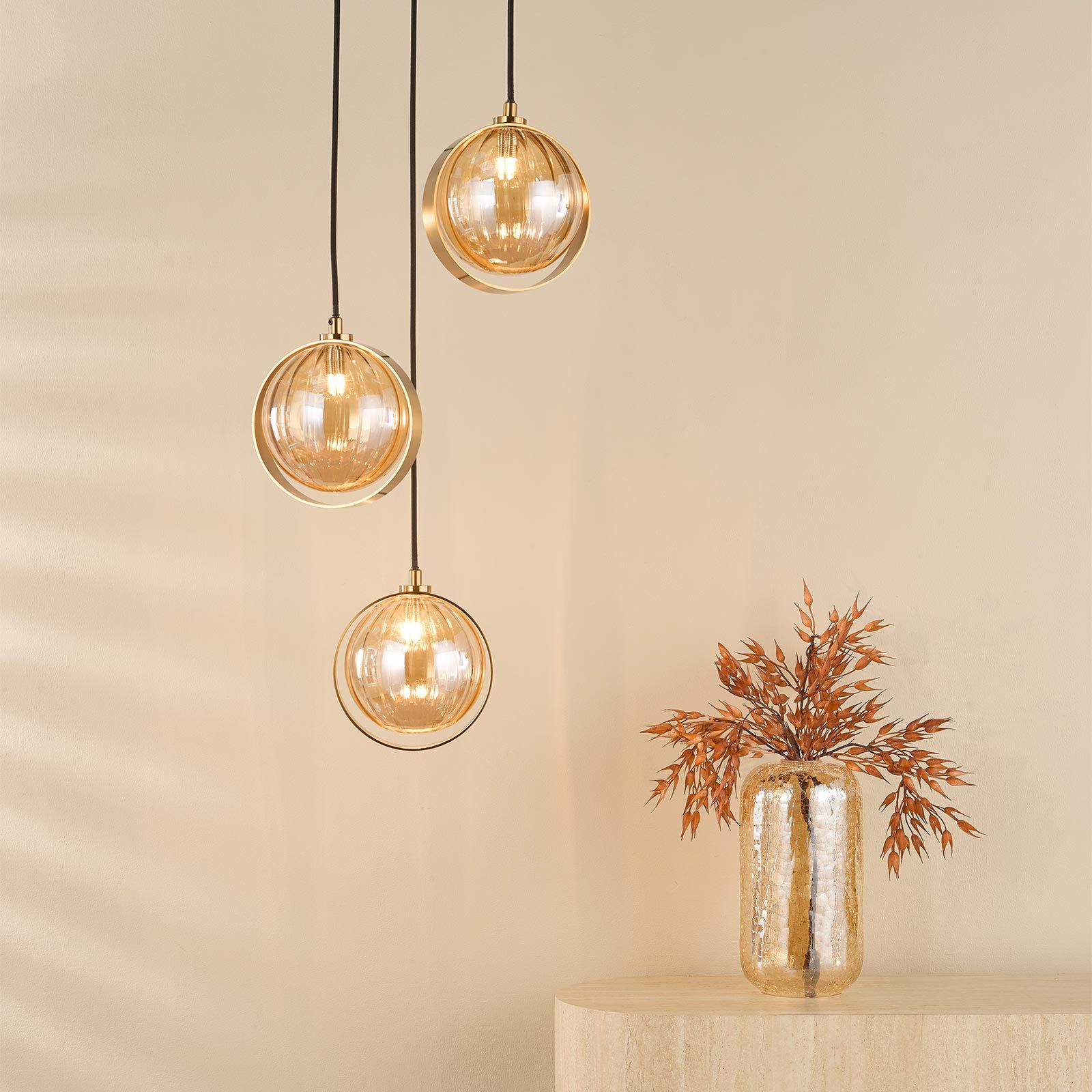 Ophira 3 Light Cluster Pendant- Antique Gold and Amber Ribbed Glass