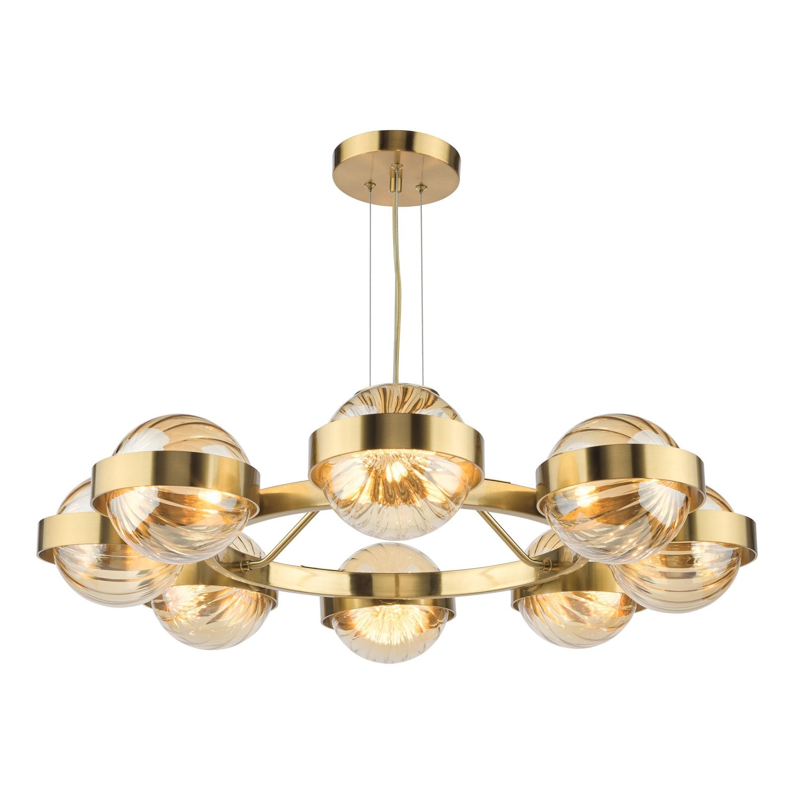 Ophira 8 Light Pendant- Antique Gold and Amber Ribbed Glass