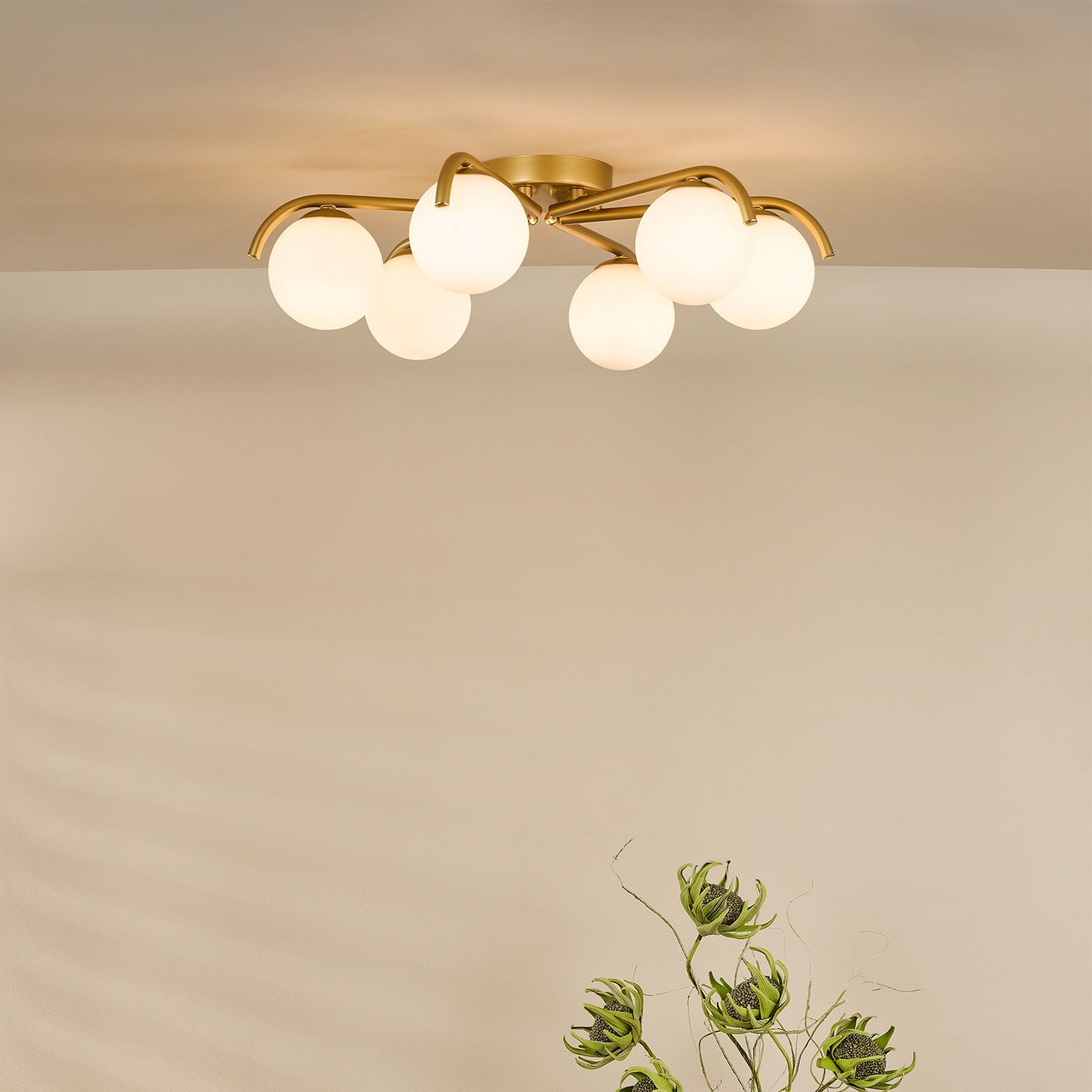 Orlena 6 Light Flush- Matt Black/Satin Gold and Opal Glass