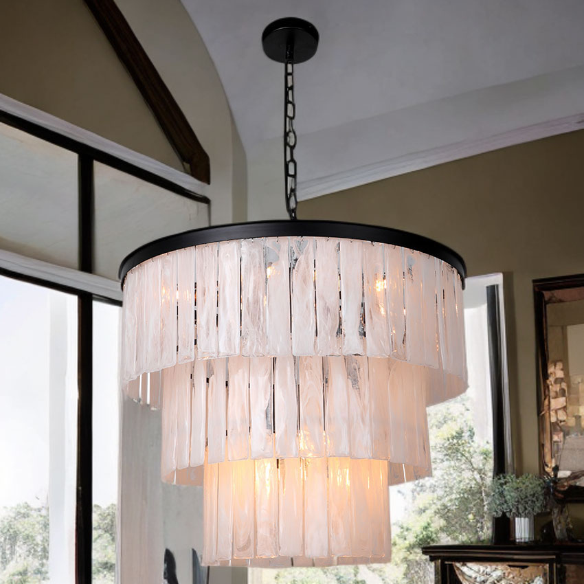 Cascade 3 Tier Chandelier Textured Glass Black/Satin Brass