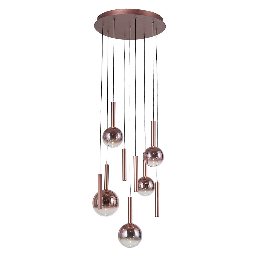 Aurora 9 Light Cluster Drop Pendant- Glass & Copper Harmony