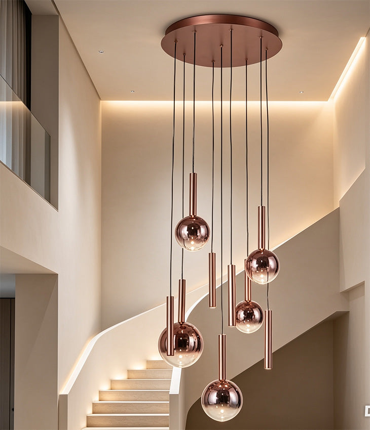Aurora 9 Light Cluster Drop Pendant- Glass & Copper Harmony