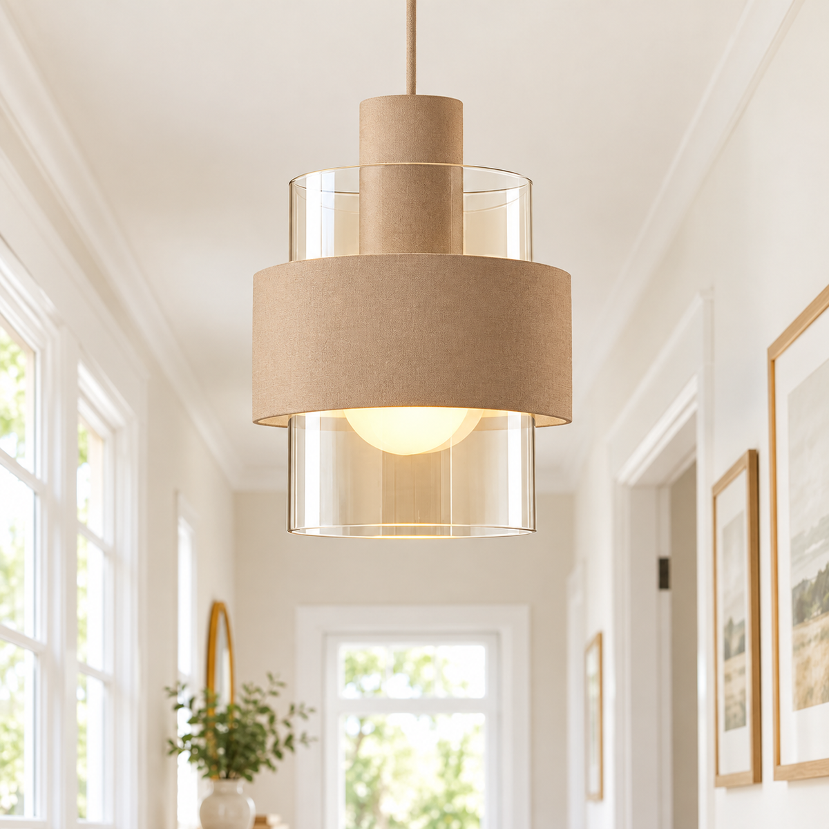 Mela Pendant Range E27- Beige/ Matt Brass & Amber/Matt Brass & Smoke