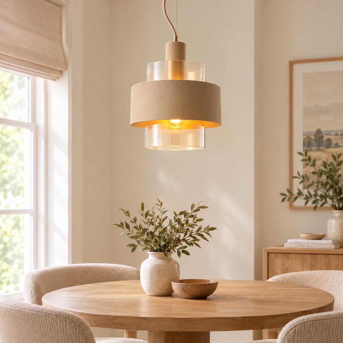 Mela Pendant Range E27- Beige/ Matt Brass & Amber/Matt Brass & Smoke
