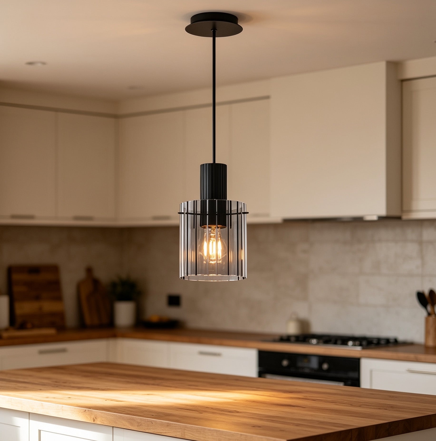 Valencia Pendant- Smoke Ribbed Glass
