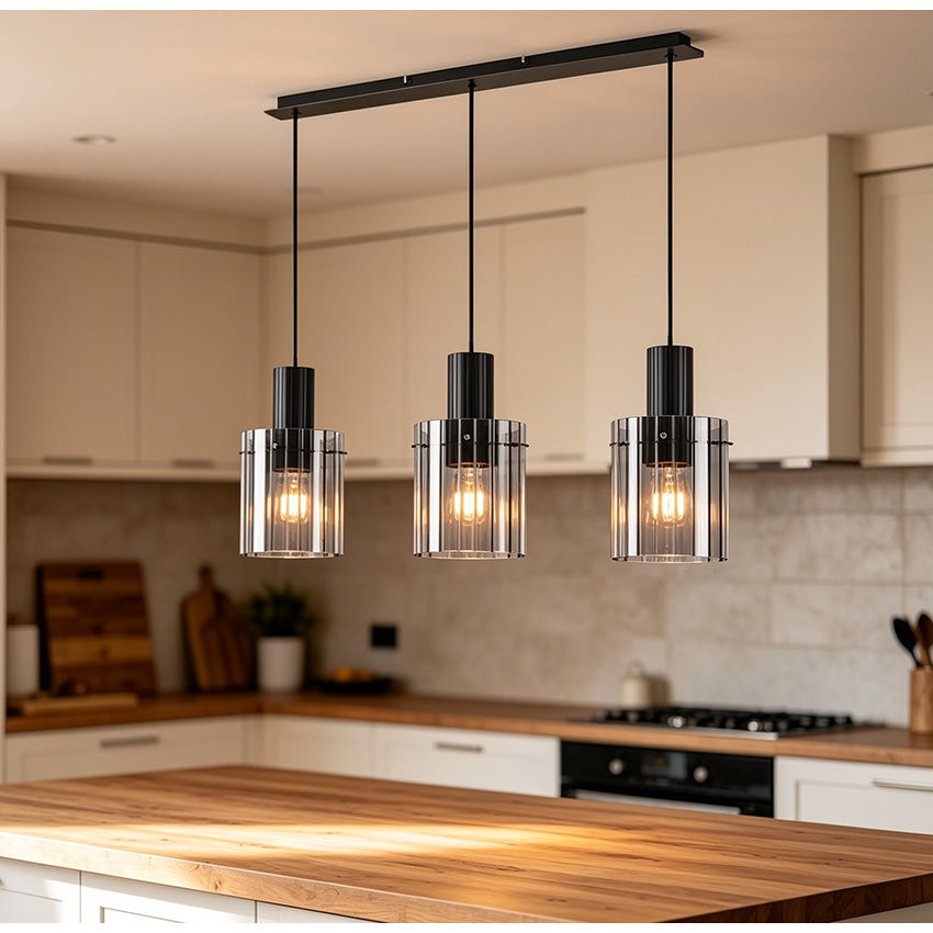 Valencia 3L Bar Pendant- Fading Smoked Ribbed Glass