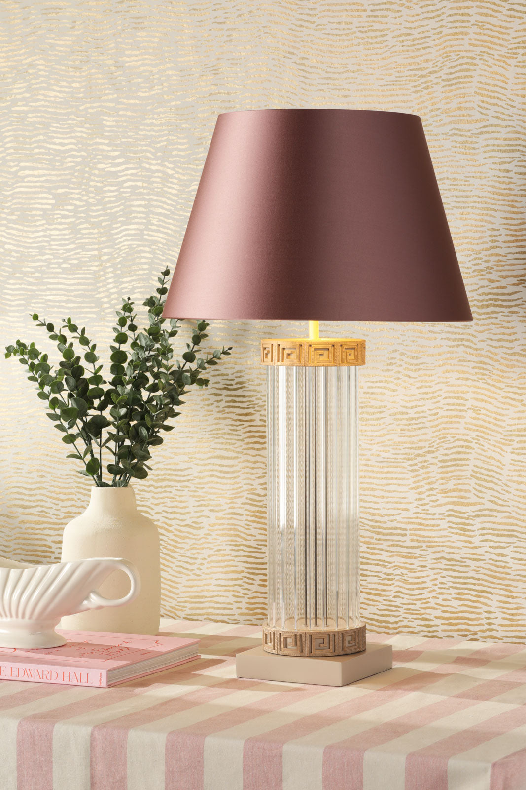 Plato Table Lamp Ribbed Glass And Cream & Gold Base Only E27