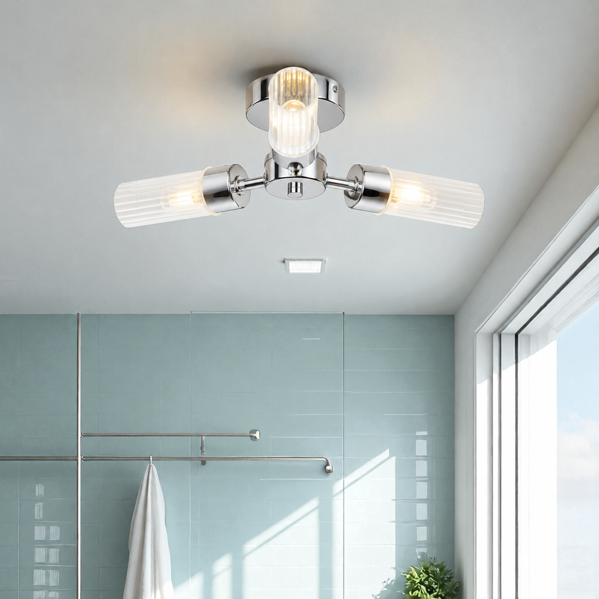 Ottawa Ribbed Three Light Bathroom Ceiling Flush Light- Chrome/ Black