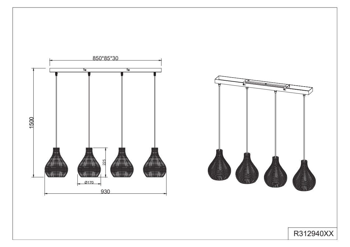 Sprout 4Lt Linear Pendant - Black/Natural Rattan