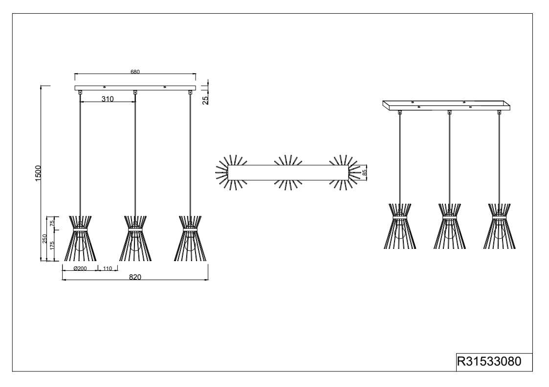 Rod - 3Lt Linear Pendant - Black