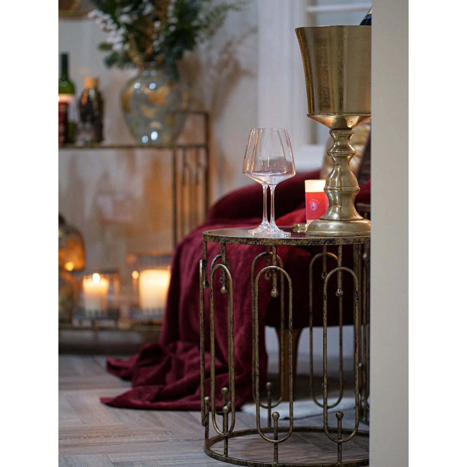Estela Side Table Set of 2- Distressed Antique Gold & Marble/Mirror Finish