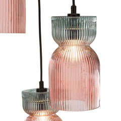 Rhubarb 3 Light Cluster Pendant Pink and Green Ribbed Glass E14