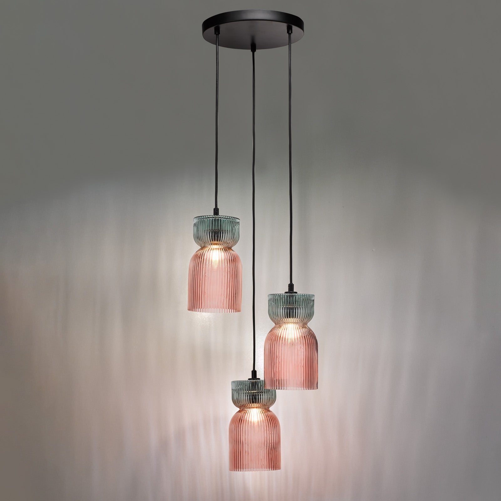 Rhubarb 3 Light Cluster Pendant Pink and Green Ribbed Glass E14