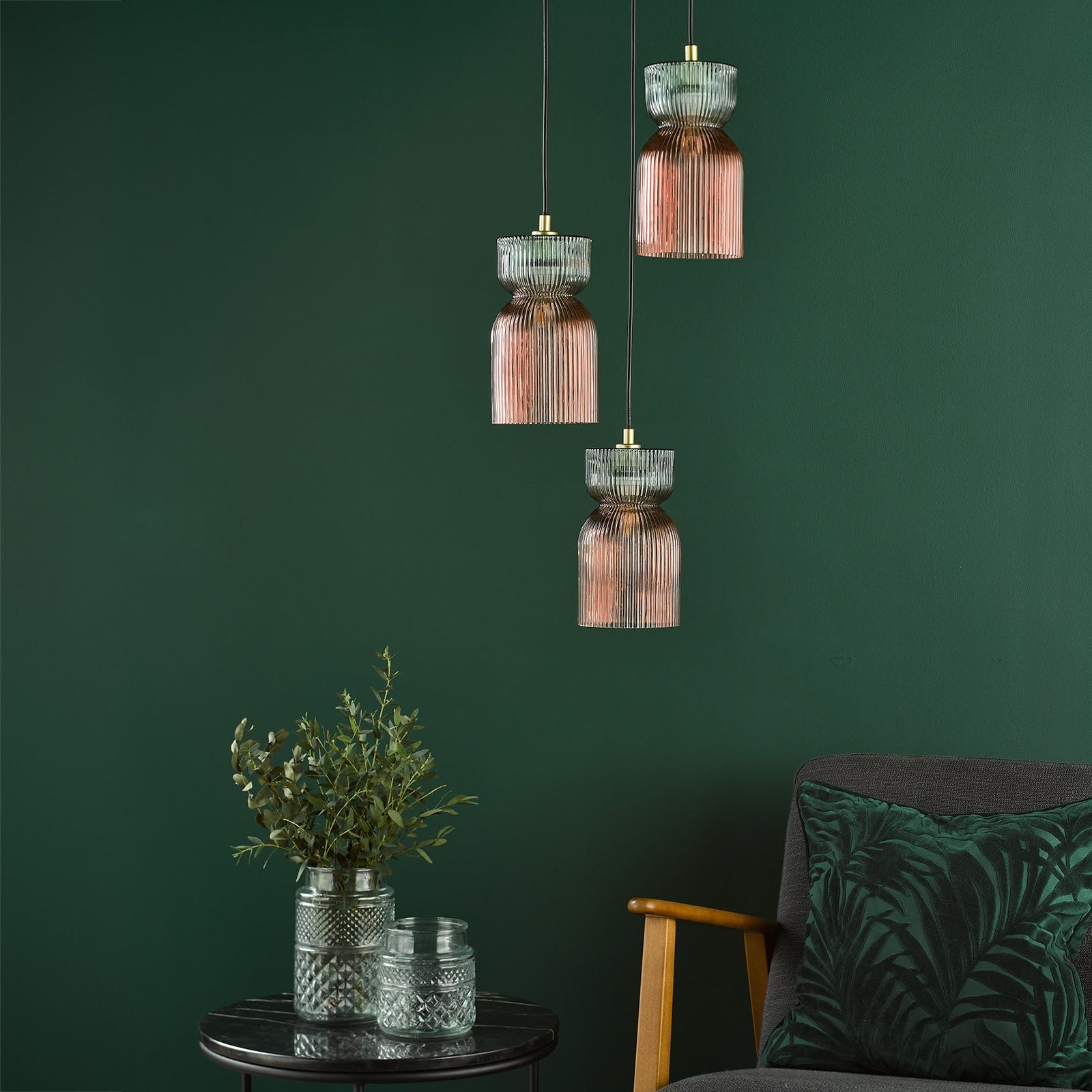 Rhubarb 3 Light Cluster Pendant Pink and Green Ribbed Glass E14