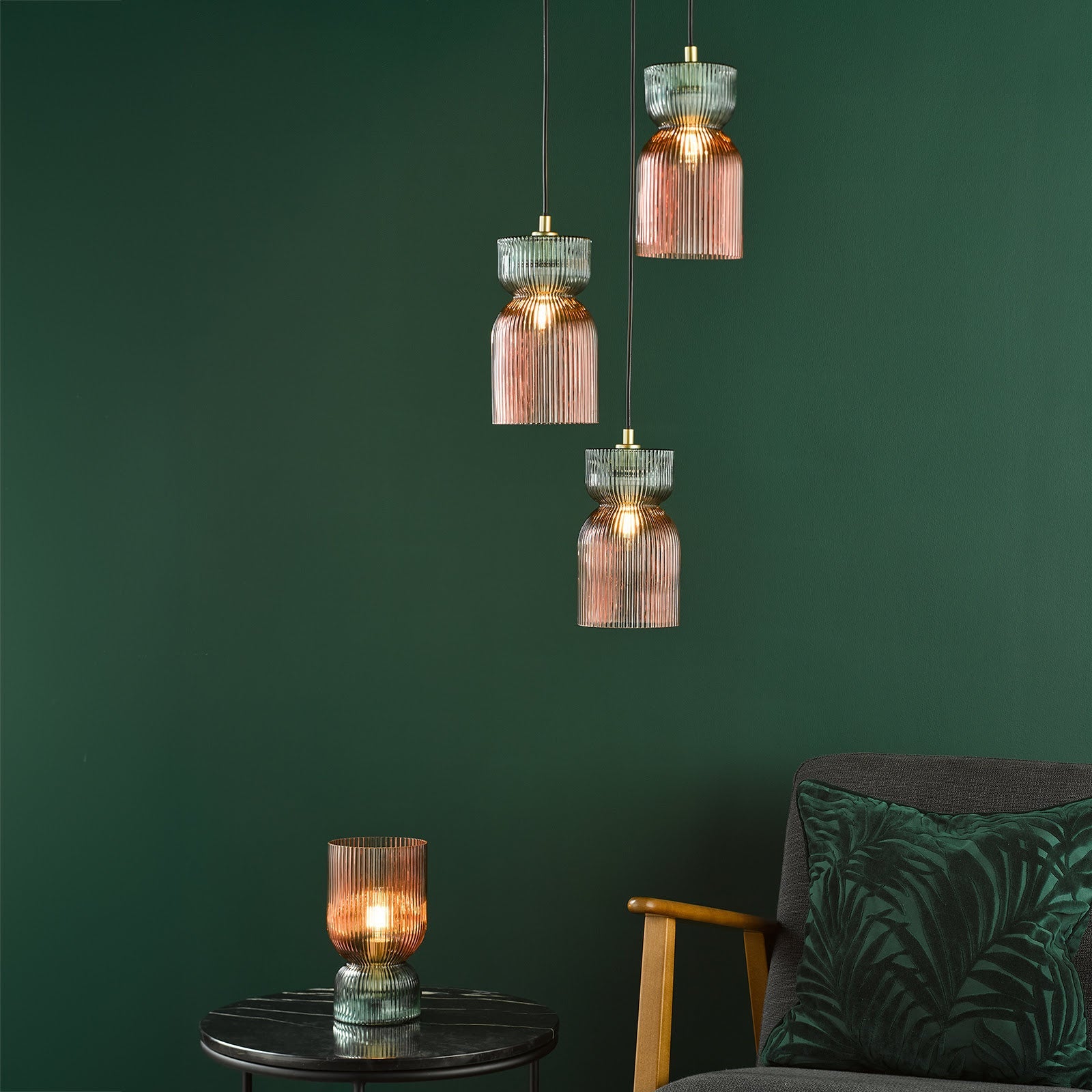 Rhubarb 3 Light Cluster Pendant Pink and Green Ribbed Glass E14