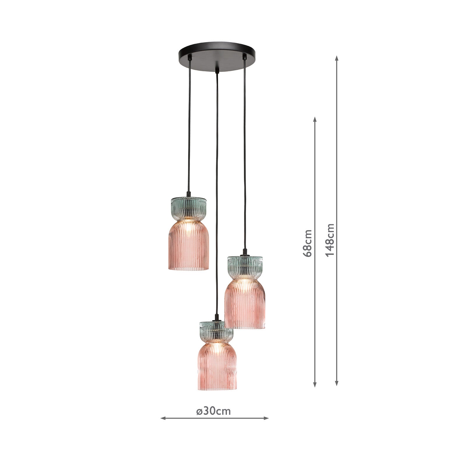 Rhubarb 3 Light Cluster Pendant Pink and Green Ribbed Glass E14