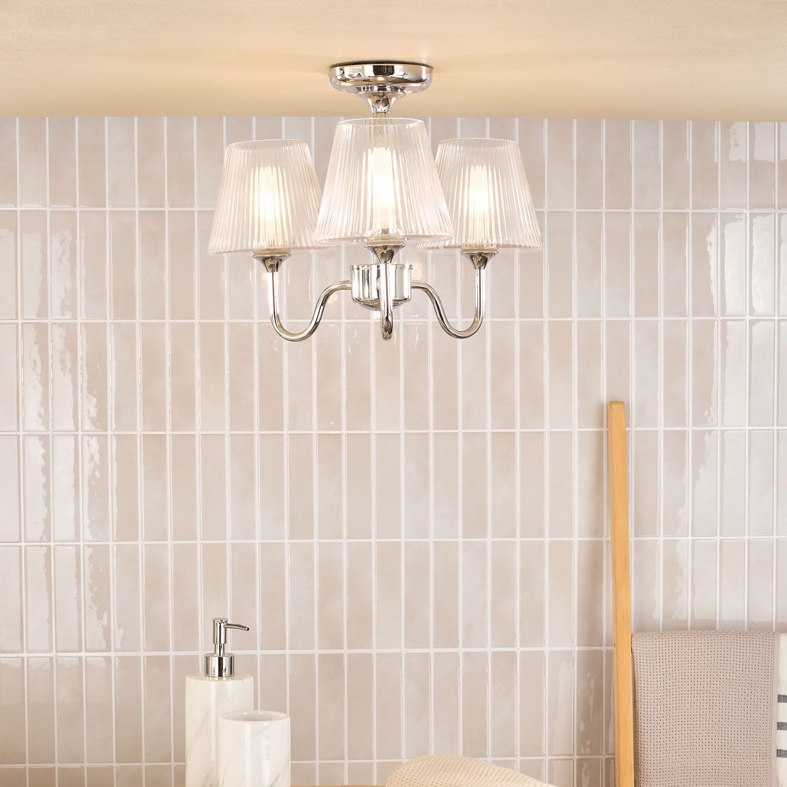 Rimaz 3 Light Bathroom Semi Flush IP44 Light- Polished Chrome and Ribbed Glass