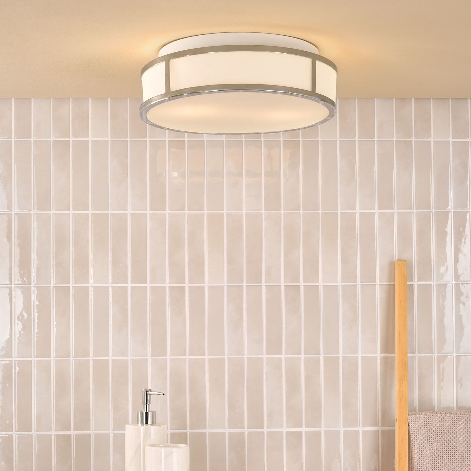 Royce 2 Light Bathroom Flush light IP44- Polished Chrome/ Antique Brass and Opal Glass