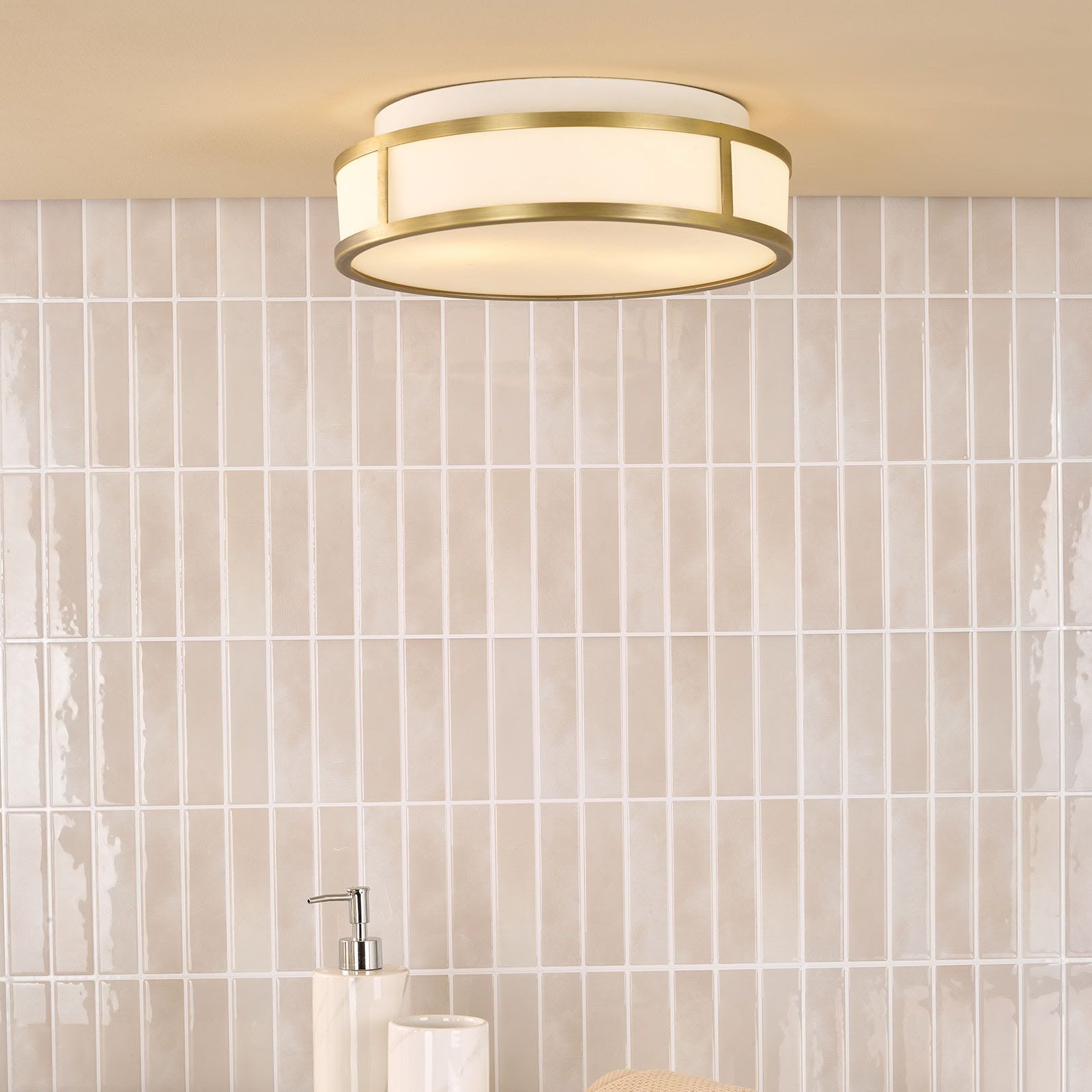 Royce 2 Light Bathroom Flush light IP44- Polished Chrome/ Antique Brass and Opal Glass