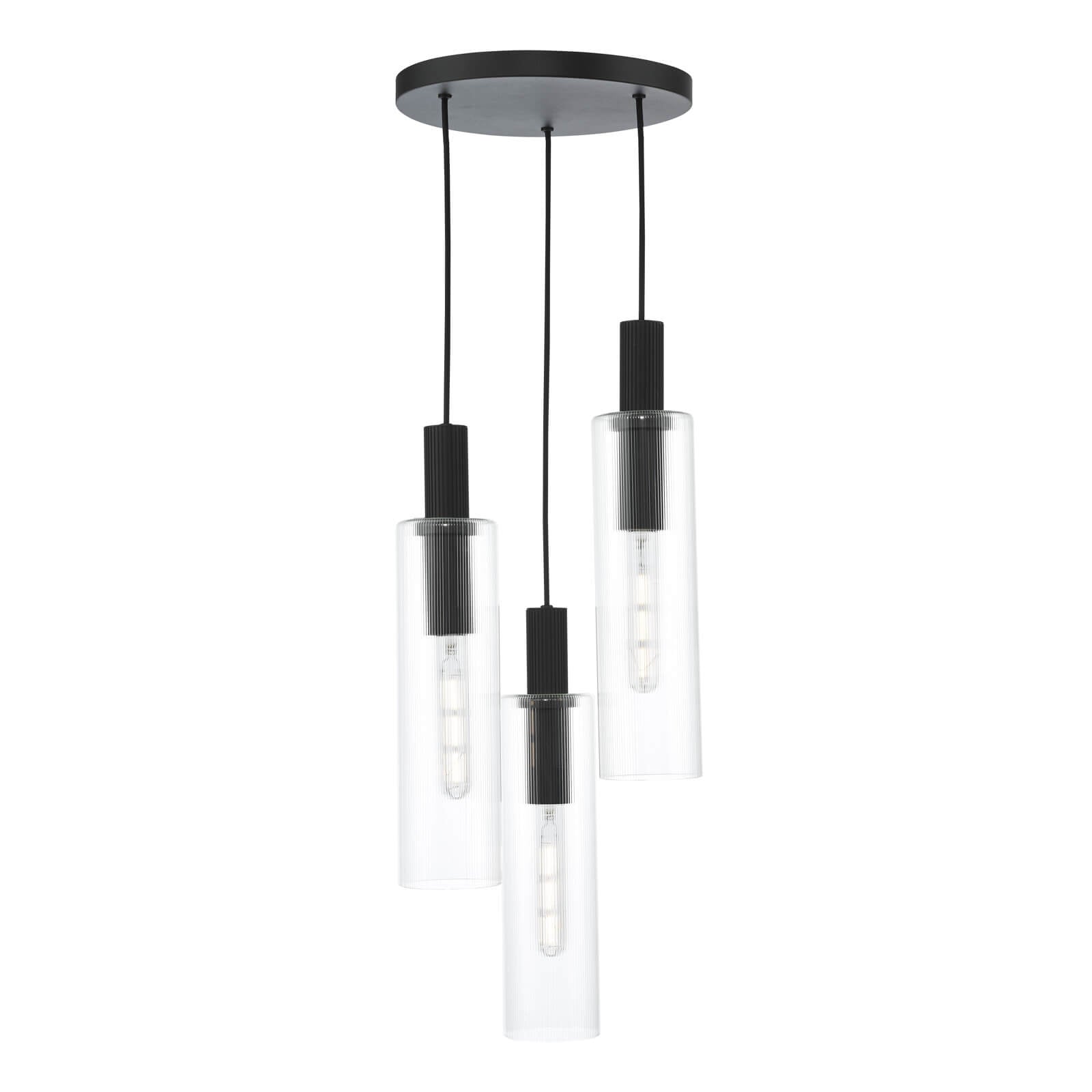Ruben 3 Light Cluster Pendant Satin Silver and Ribbed Iridised Glass/Satin Black & Ribbed Glass E27