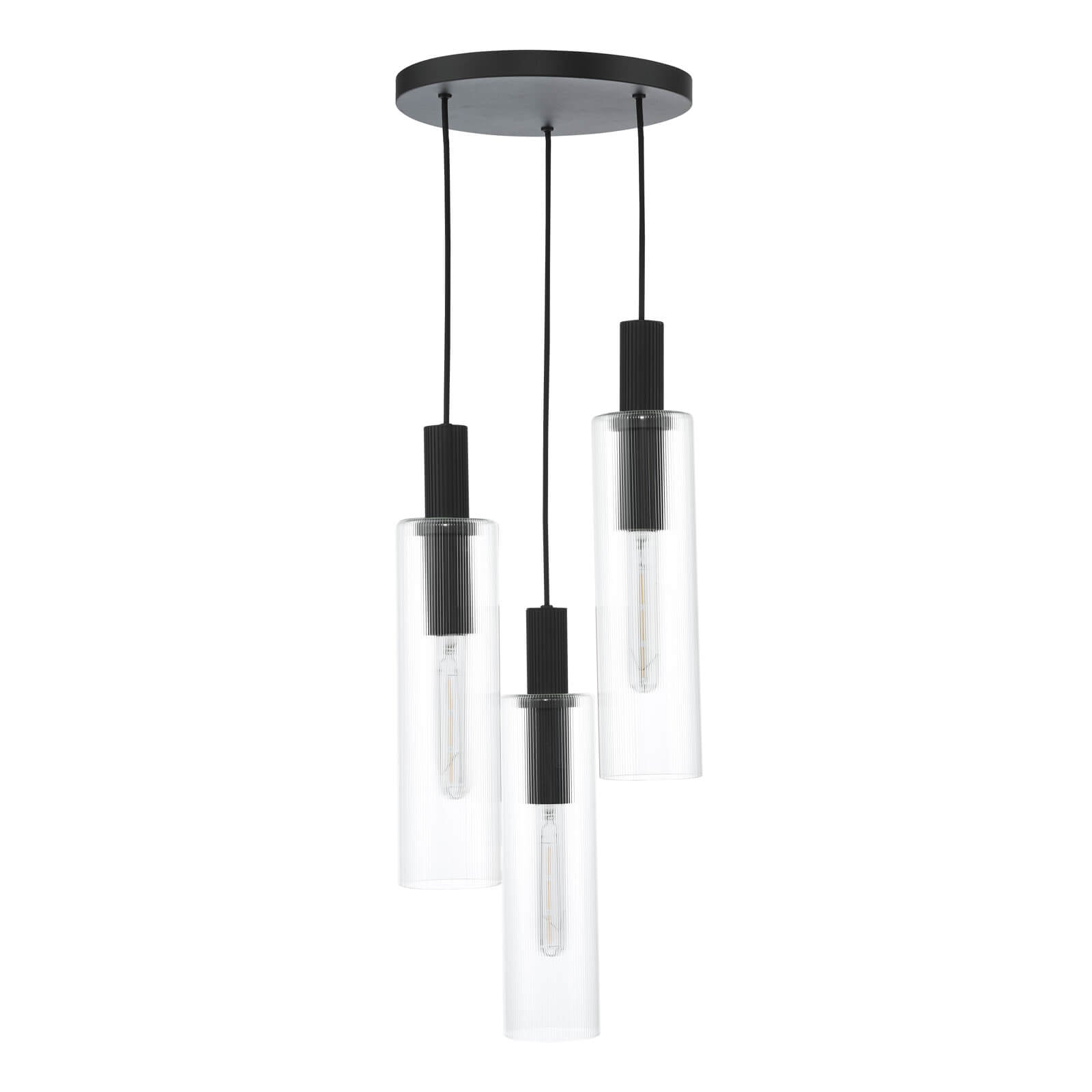 Ruben 3 Light Cluster Pendant Satin Silver and Ribbed Iridised Glass/Satin Black & Ribbed Glass E27