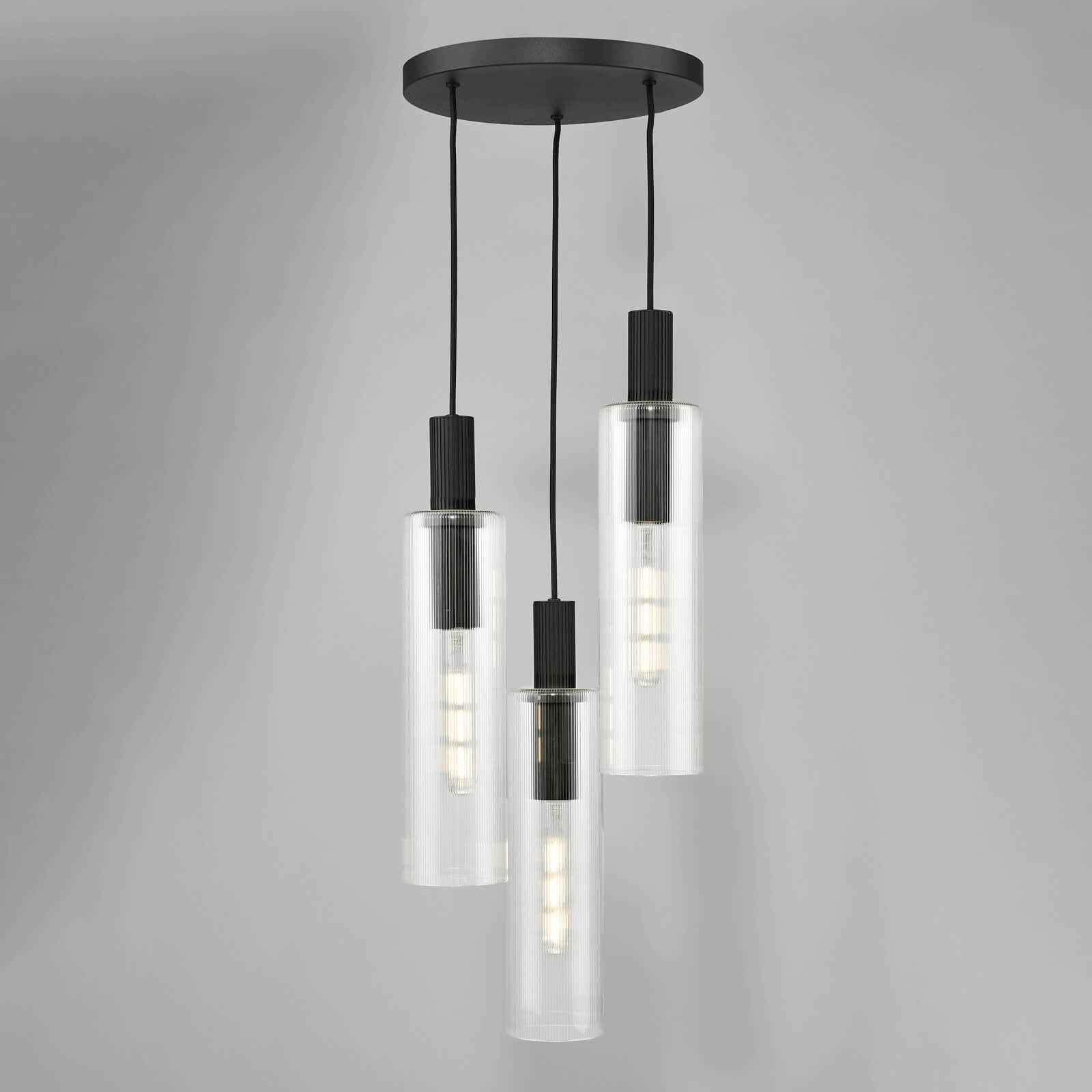 Ruben 3 Light Cluster Pendant Satin Silver and Ribbed Iridised Glass/Satin Black & Ribbed Glass E27