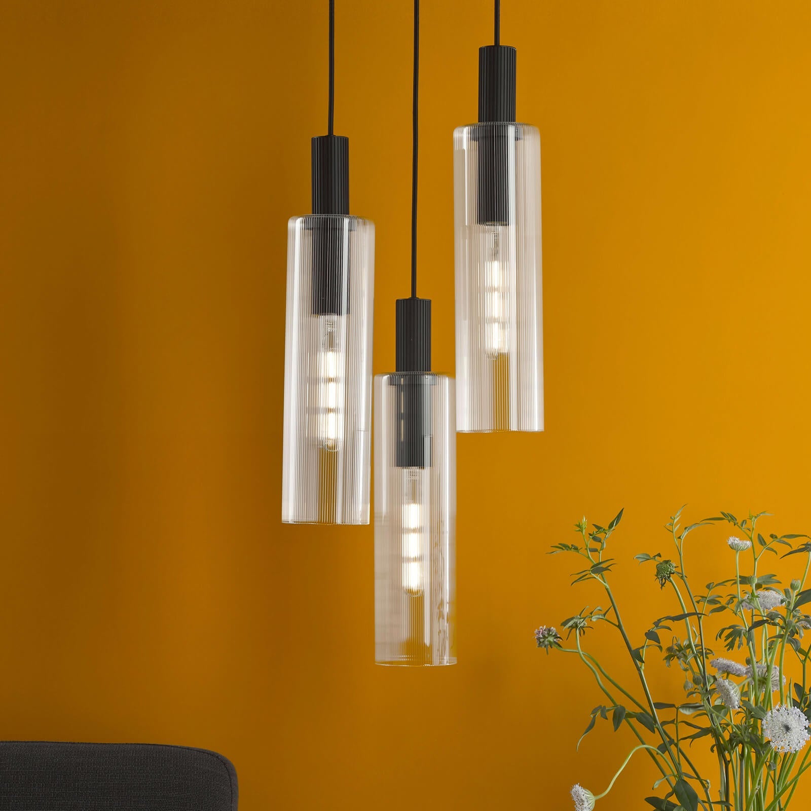 Ruben 3 Light Cluster Pendant Satin Silver and Ribbed Iridised Glass/Satin Black & Ribbed Glass E27