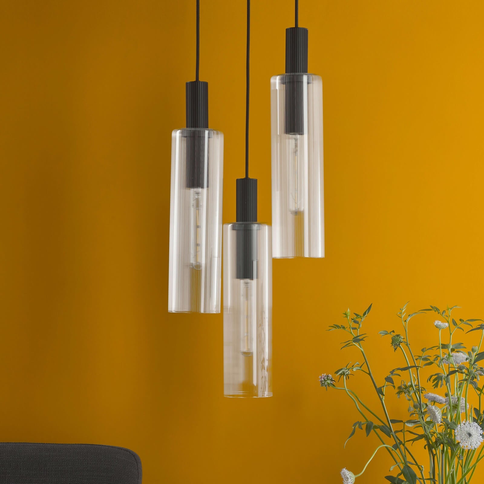 Ruben 3 Light Cluster Pendant Satin Silver and Ribbed Iridised Glass/Satin Black & Ribbed Glass E27