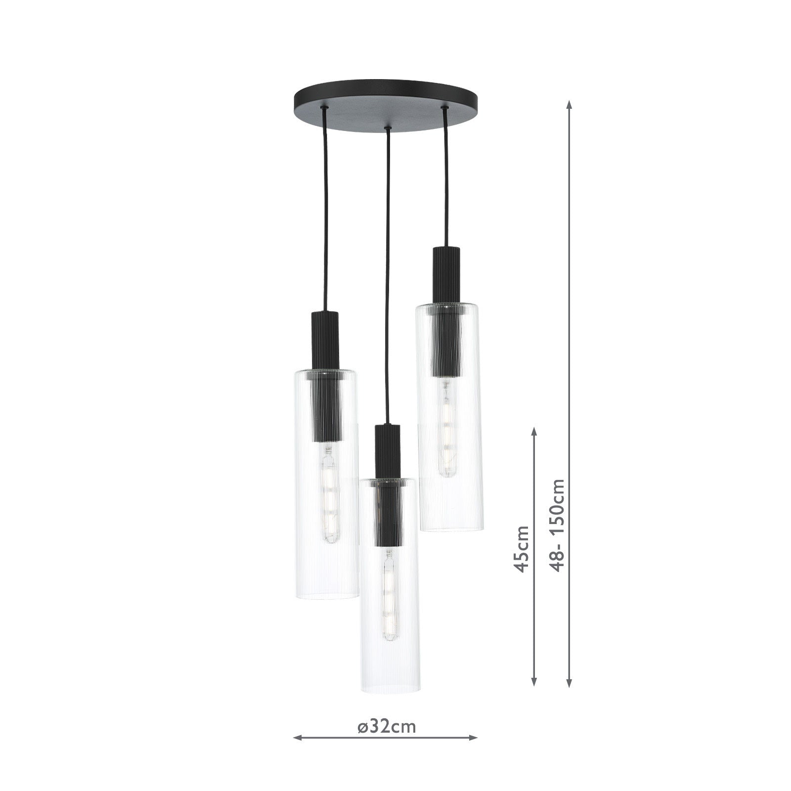 Ruben 3 Light Cluster Pendant Satin Silver and Ribbed Iridised Glass/Satin Black & Ribbed Glass E27