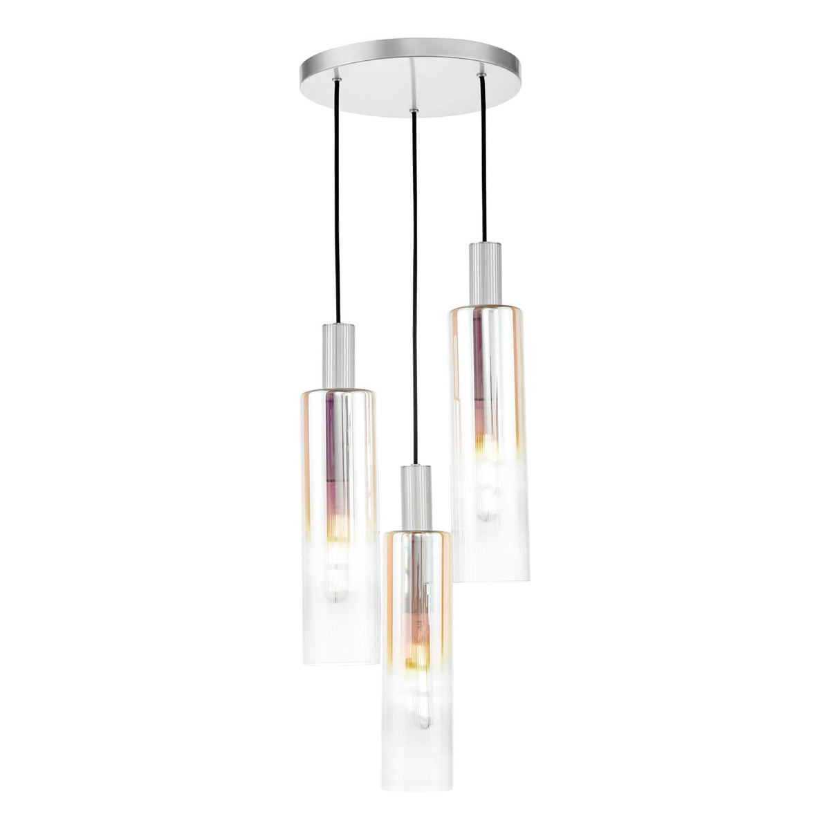Ruben 3 Light Cluster Pendant Satin Silver and Ribbed Iridised Glass/Satin Black & Ribbed Glass E27