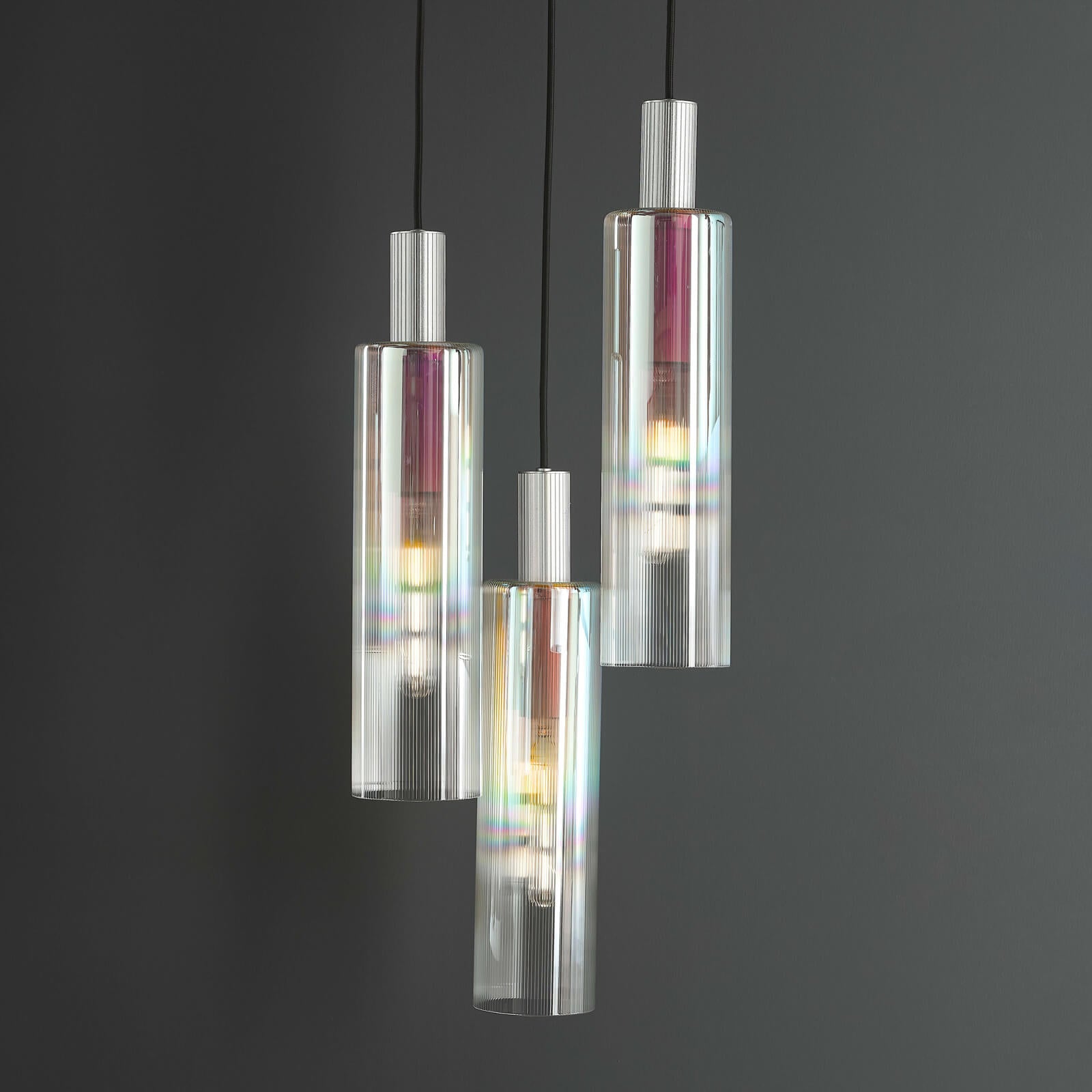 Ruben 3 Light Cluster Pendant Satin Silver and Ribbed Iridised Glass/Satin Black & Ribbed Glass E27