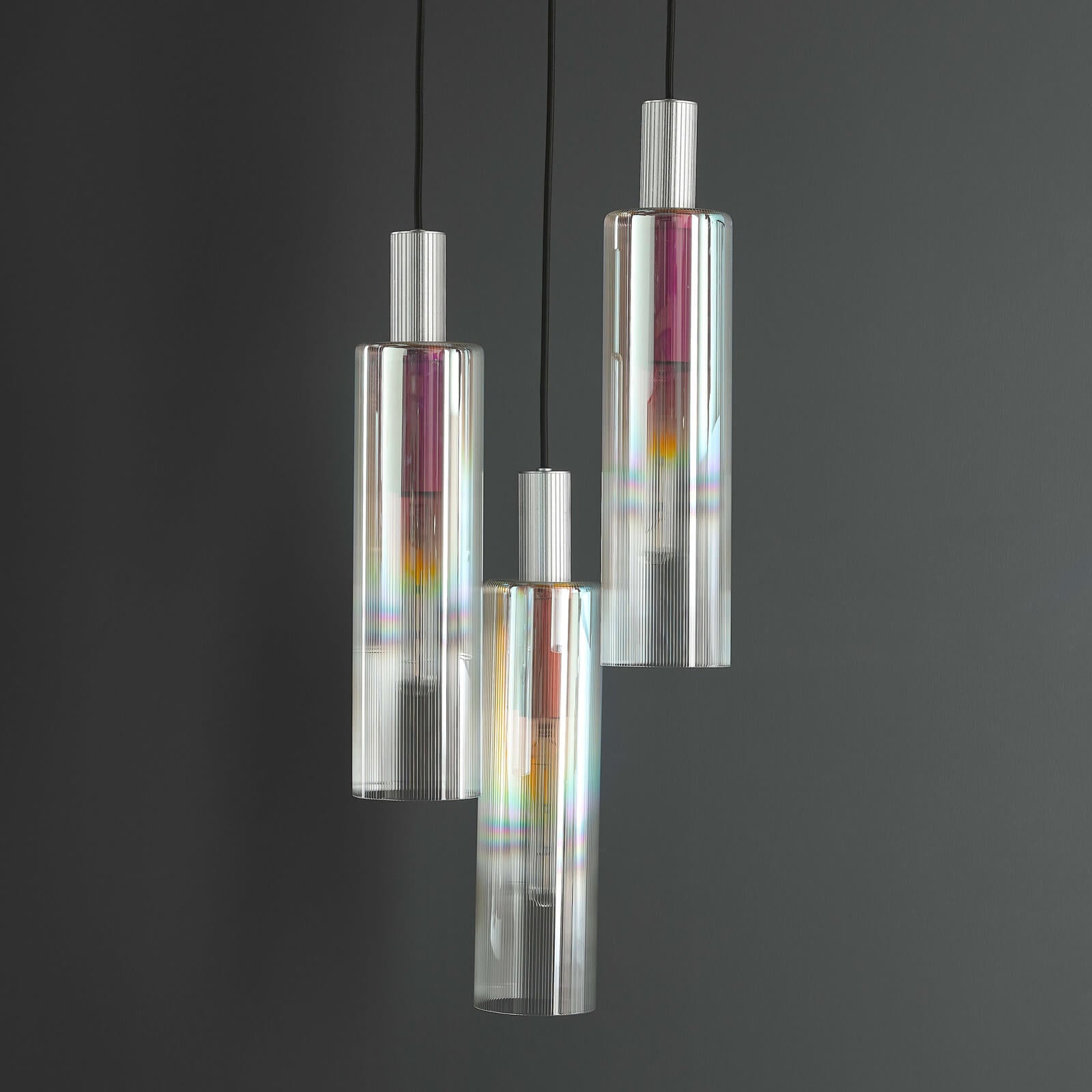 Ruben 3 Light Cluster Pendant Satin Silver and Ribbed Iridised Glass/Satin Black & Ribbed Glass E27