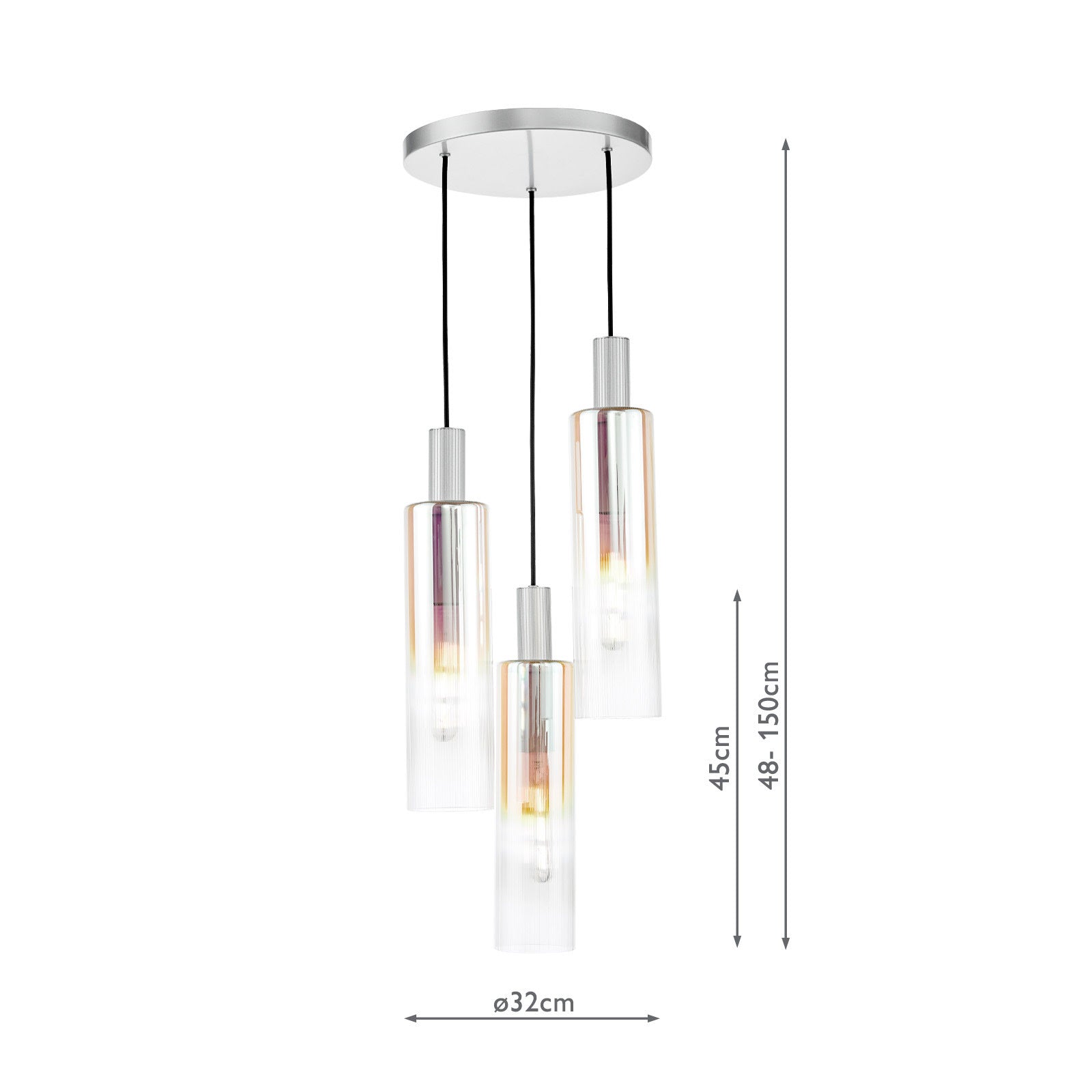 Ruben 3 Light Cluster Pendant Satin Silver and Ribbed Iridised Glass/Satin Black & Ribbed Glass E27