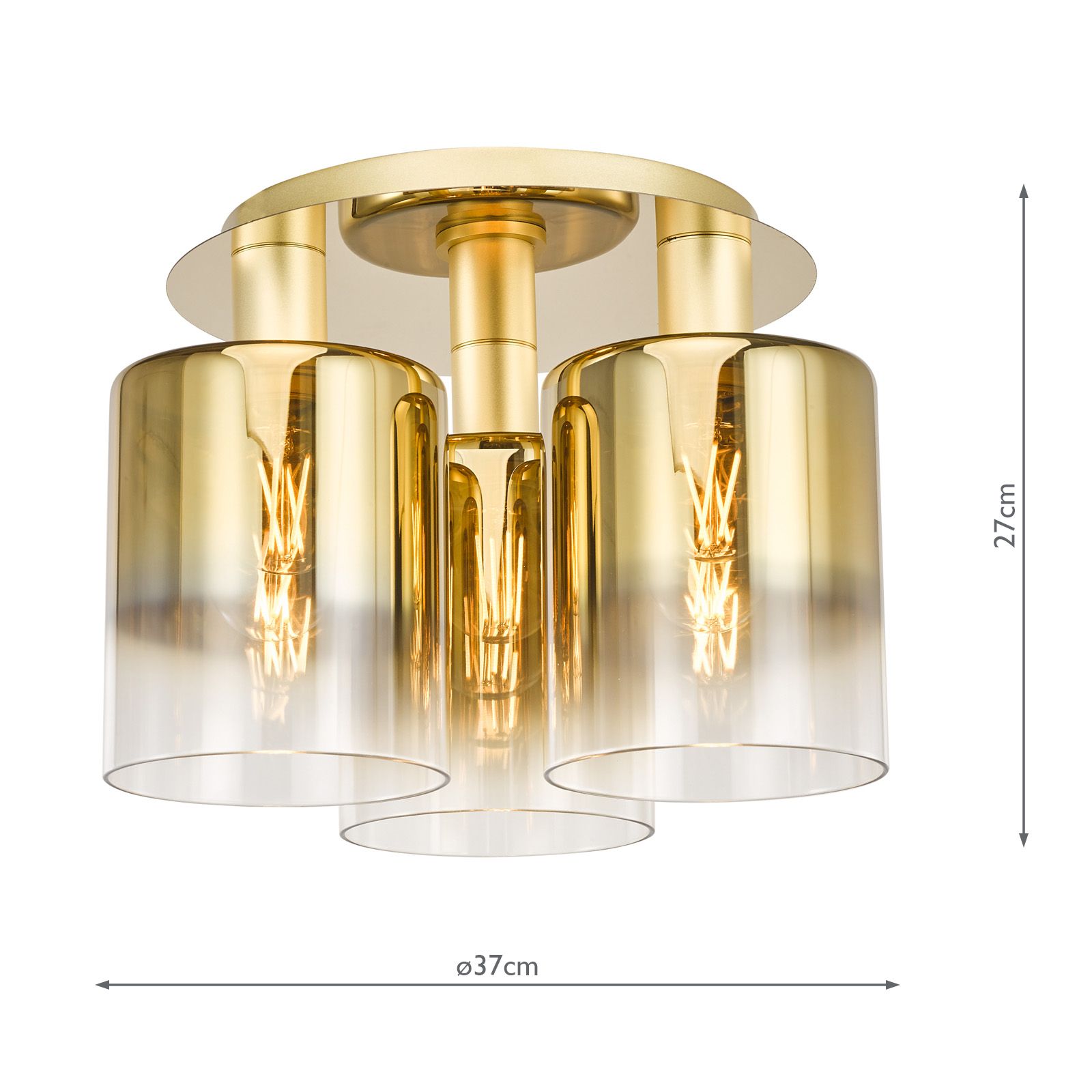 Savannah 3 Light Flush-  Matt Black and Smoked Glass/ Satin Gold and Gold Ombre Glass